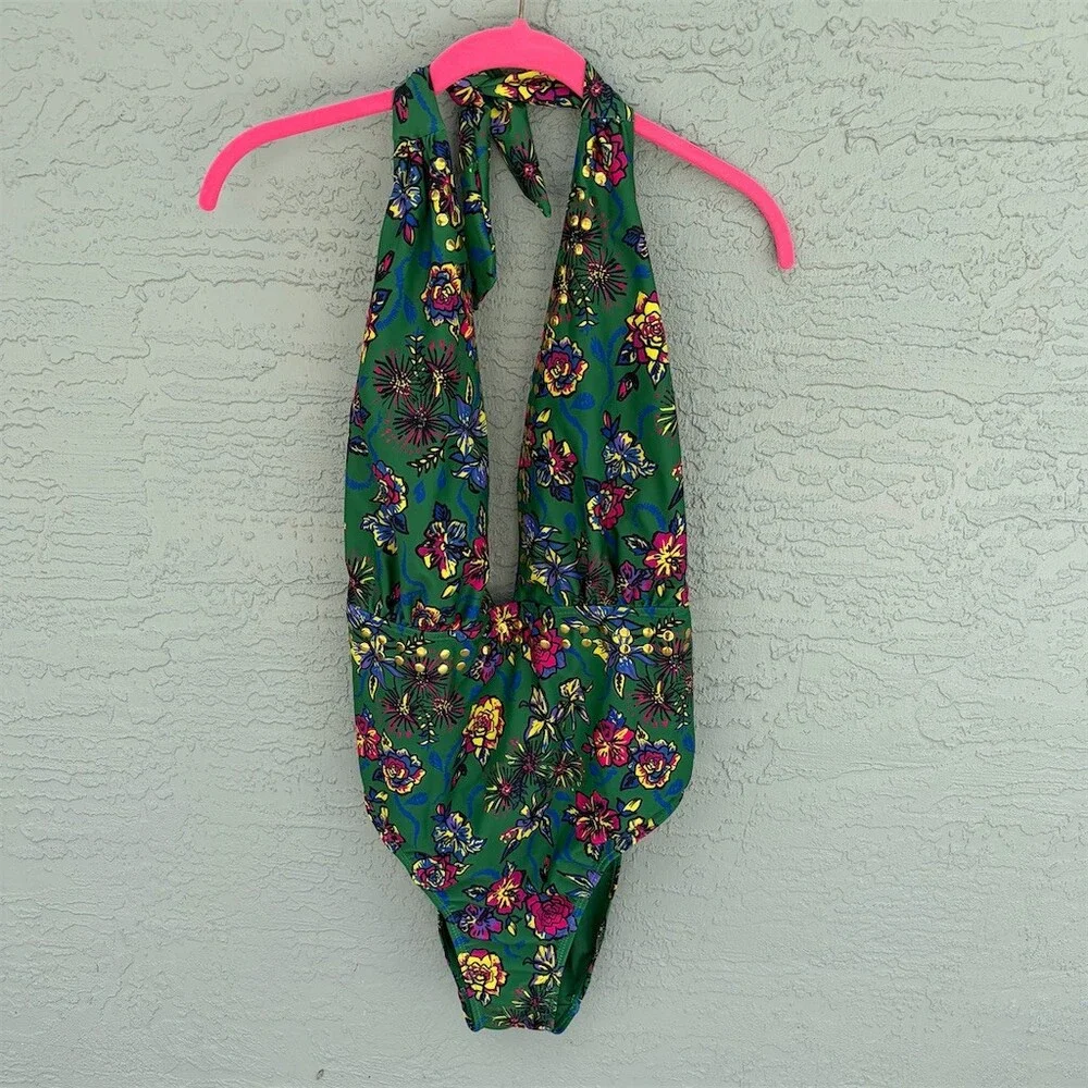 YMI One Piece Swimsuit Womens 2XL Plus Green Floral Halter Plunge Studded